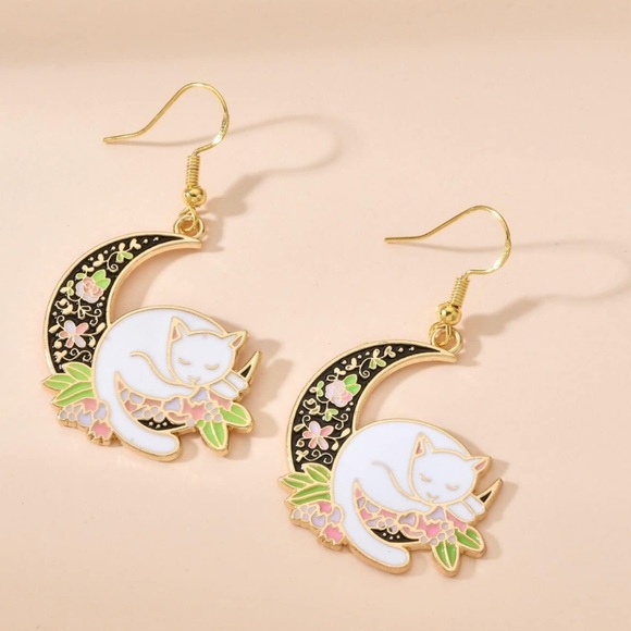 Cat Moon Dangle & Drop Earrings, Cat Earrings - Picture 3 of 4